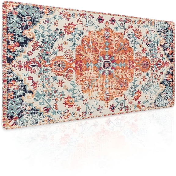 XIBUFE 2026 New Orange Teal Boho Gaming Mouse Pad Persian Rug Carpet Bohemian Retro Extended Large Desk Mat Big Mousepad Non-Slip Rubber Base Stitched Edge Long Desk Pad for Office,31.5X11.8In