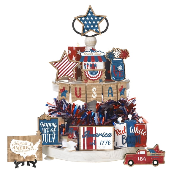 XIBUFE 2026 New Patriotic Tiered Tray Decor Set for Tabletop, Kitchen, Dining Room, Living Room, 15 Pack Wooden 4Th of July Tabletop Decorations, Independence Day Table Centerpiece for Memorial Day