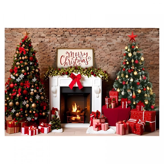 XIBUFE 2026 New Polyester Christmas Fireplace Photography Backdrop Vintage Xmas Tree Sock Background Santa Gift Party Decorations Portrait Photo Banner Booth Props with Four Holes 59X70.8In