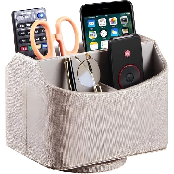XIBUFE 2026 New Pu Leather Remote Control Holder, 360 Spinning Desk Tv Remote Caddy/Tray/Shelf, Nightstand Storage Box Organizer for Pen, Controller, Media Play, Home and Office Supplies