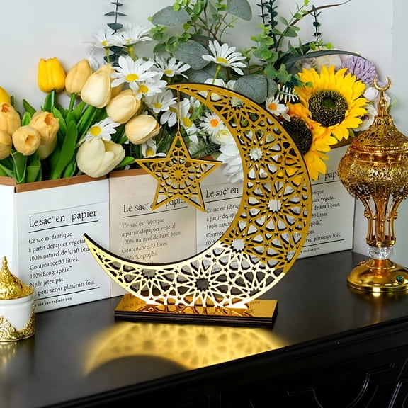 XIBUFE 2026 New Ramadan Decor,Home Decor String Moon Star Light Stand,Welcome Night Lights,Ramadan Decorations for Home,Crescent Tree Decor,Glittery Table Decor,Big Wooden Moon Star (Gold,Medium)
