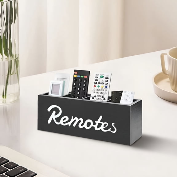 XIBUFE 2026 New Remote Control Holder,Remote Organizer Caddy for Table,Wooden Remote Control Storage Box for Nightstand for Living Room, Bedroom, Office, Black Remote Caddy with 4 Slots