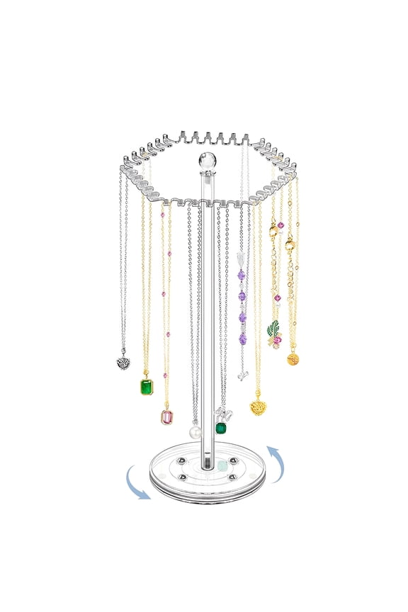 2026 New Rotating Acrylic Necklace Organizer Clear Necklace Stand Jewelry Organizer Display Tree Hanger Rack with Hooks for Necklaces Chain Pendant Bracelets Ring