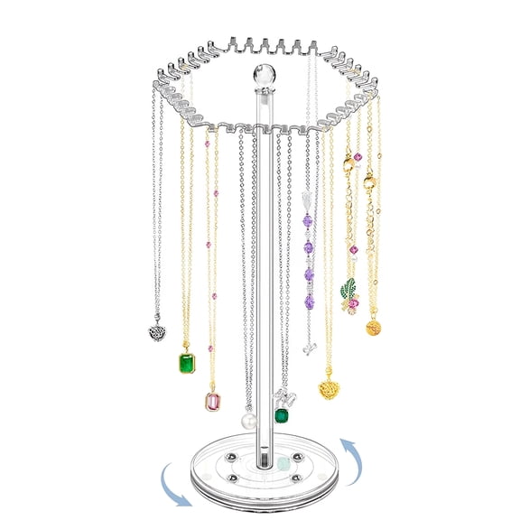 XIBUFE 2026 New Rotating Acrylic Necklace Organizer Clear Necklace Stand Jewelry Organizer Display Tree Hanger Rack with Hooks for Necklaces Chain Pendant Bracelets Ring