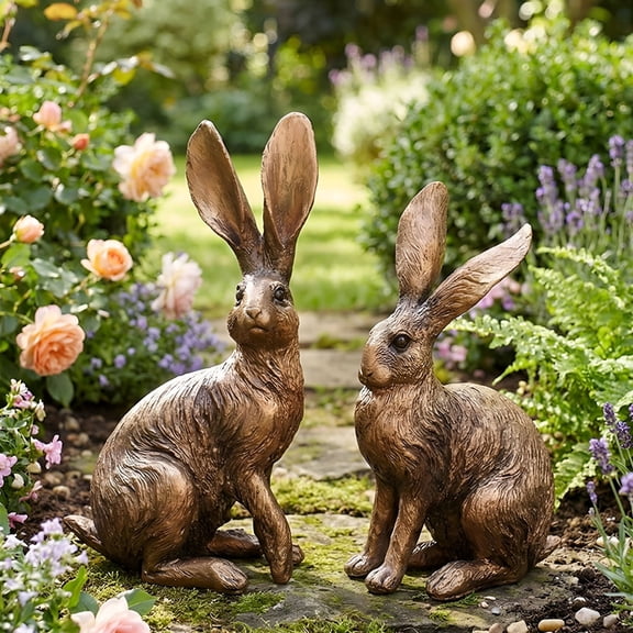 XIBUFE 2026 New Set of 2 Bronze-Effect Rabbit Garden Statues - Weather-Resistant Resin Hare Sculptures for Outdoor Yard,Patio and Lawn Decor for Garden,Yard,Patio,Lawn