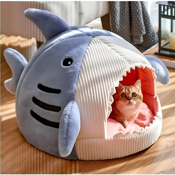 XIBUFE 2026 New Shark Shape Cat Cave Bed Thick Cushion Kitten Soft Warm House Indoor Cats Cute Tent Removable Washable Cushioned Pillow Anti Slip Bottom Hut Sleeping Cat Warming House