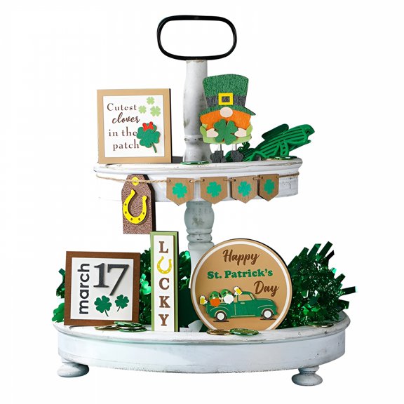 XIBUFE 2026 New St Patricks Day Decorations for Home St Patricks Day Tiered Tray Decor Lucky Wooden Table Signs for Home,Table,Party,Desk,Green Block Party Wood Table Green Decorations
