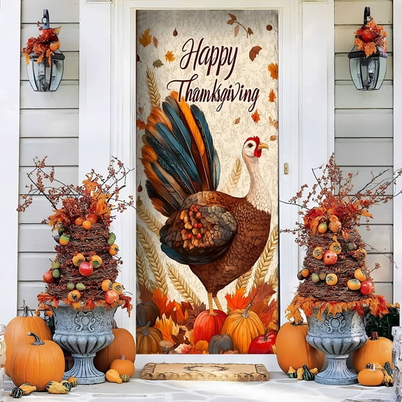 XIBUFE 2026 New Thanksgiving Day Door Cover - Decorative Thanksgiving Door Hanger with Fall Leaves Pumpkins Turkeys for Front Door Decor,Harvest Festival Home Decor