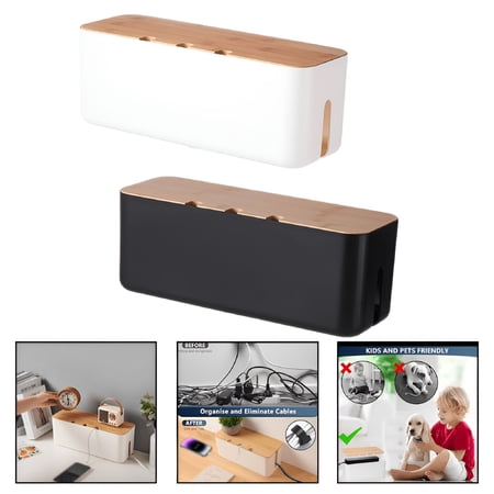XIBUFE 2026 New White Cable Management Box,11.8X4.5 Inches,Wood Lid,Cord Organizer for Desk Tv Computer Usb Hub System to Cover and Hide Power Strips&Cords