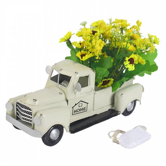 XIBUFE 2026 New White Vintage Truck Decor with Sunflowers Artificial Flowers,Metal Truck Decor Farmhouse Table Decor,Led String Lights Metal Truck Sunflower Table Centerpieces,Fall Truck Decor