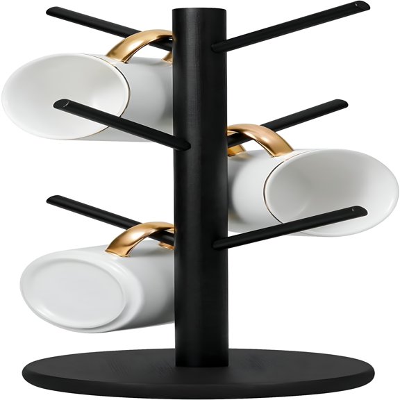 XIBUFE 2026 New Wooden Mug Holder Tree,Coffee Cup Holder,Thicker Base Coffee Cup Holder Stand for Counter,Countertop Organizer,Mug Rack with 6 Hooks,Black