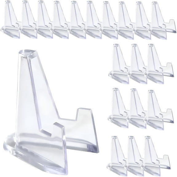 XIBUFE 20Pcs Mini Acrylic Easel Coin Display Stand, Clear 1.42 Inch Card Holder for Trading Collectibles Medals Badges, Stable Triangle Base Small Showcase for Handicrafts Postcards, Transparent