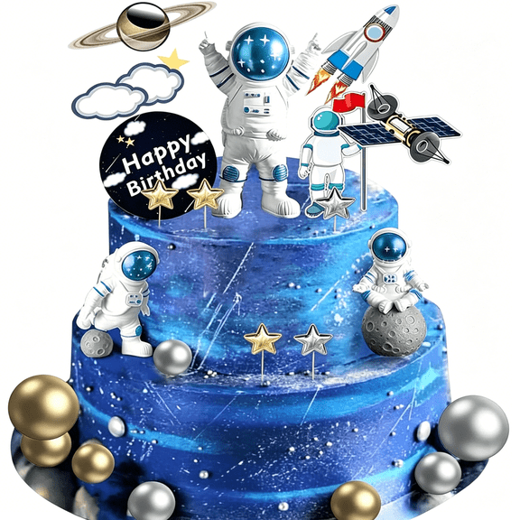 XIBUFE 22Pcs Space Cake Topper,Space Cupcake Toppers Astronaut Figurine Birthday Outer Space Themed Party Decorations Supplies Planet Rocket Pearl Balls and Star Cake Toppers
