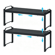 XIBUFE 25.5In 2Pcs Expandable Cabinet Shelves,Stackable Shelf Organizer for Kitchen Cabinet Countertop Storage,Adjustable Counter Cupboard Pantry Organizer Shelf Rack Stand Riser,Black