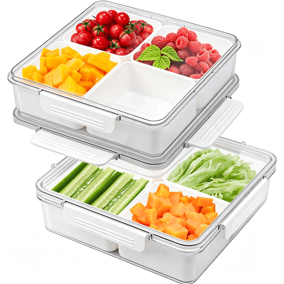 XIBUFE 2Pack Divided Veggie Tray with Lid Snackle Box Serving Container Salad Keeper with 4 Removable Boxes Stackable Refrigerator Organizer Bins Produce Saver for Meal Prep Fruit