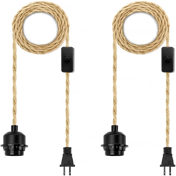 XIBUFE 2Pack Plug in Pendant Light Cord,Farmhouse Hanging Lights with Plug in Cord,15Ft Hemp Rope Plugin Hanging Light Cord Kit with On/Off Switch,E26 E27 Light Socket Cord