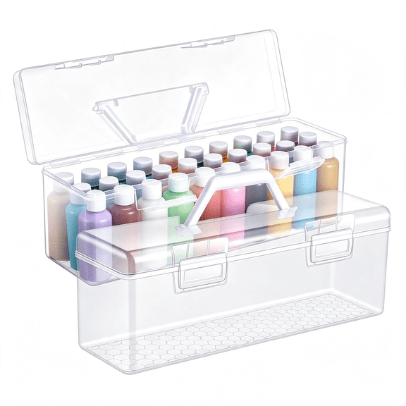 XIBUFE 2Pcs Acrylic Paint Storage Box for 2 Fl. Oz Acrylic Paints,Portable Craft Art Organizer with Handle,30 Bottles Capacity Plastic Art Supply Clear Boxes(White)