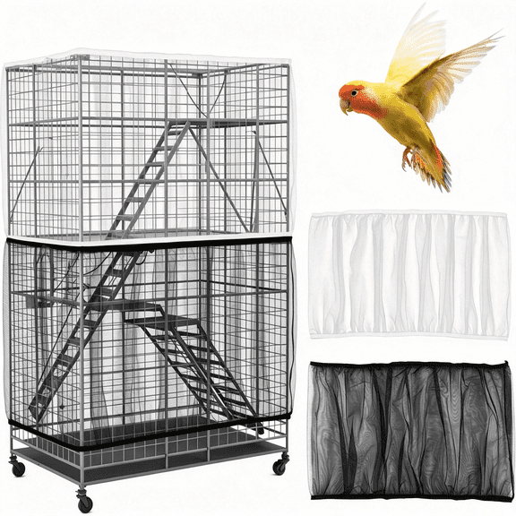 XIBUFE 2Pcs Bird Cage Seed Catcher,Adjustable White Bird Cage Net Birdcage Cover Skirt Nylon Mesh Netting,Stretchy Birds Cages Guard for Parrot Parakeet Macaw African Any Cages Cover
