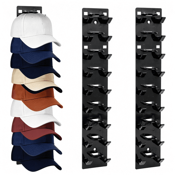 XIBUFE 2Pcs Black Hat Organizer-Hat Rack for Wall&Cap Organizer,Strong Adhesive Multilayer Storage Holder,Wall Mounted Hooks Hold 18 Hats,Easy to Install for Bedroom&Closet Door