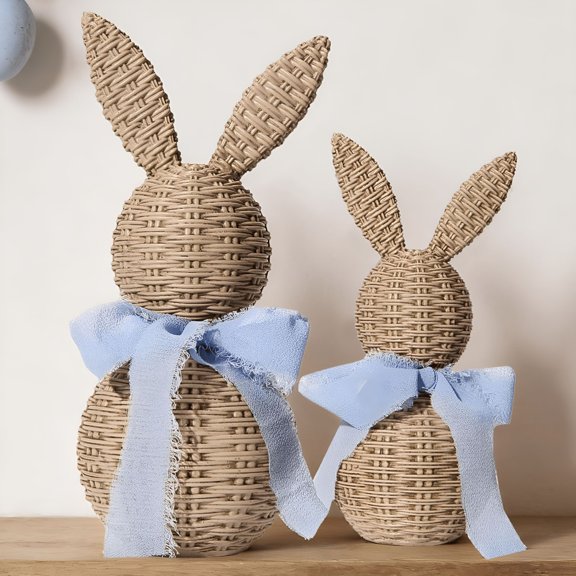 XIBUFE 2Pcs Faux Wicker Easter Bunny Figurines,Rattan Effect Plastic Rabbit Statues with Blue Bows,Rustic Farmhouse Easter Table Centerpiece & Shelf Easter Decor