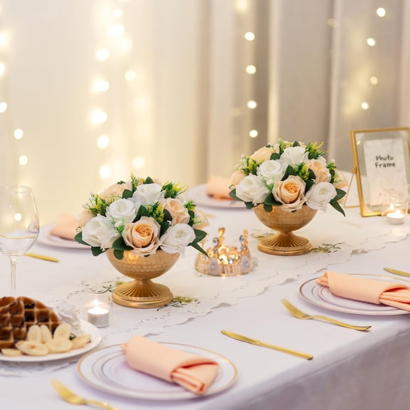 XIBUFE 2Pcs Gold Vases for Wedding Centerpiece -Gold Metal Vase Compote Bowl Vase for Tables 6In Gold
