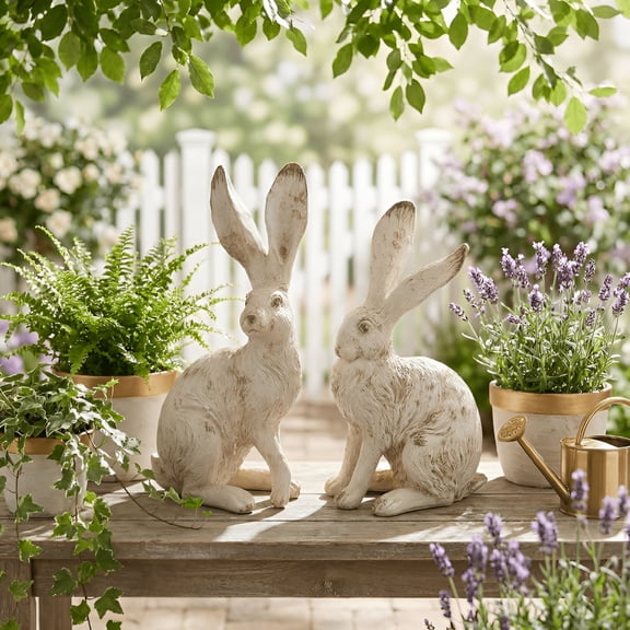 XIBUFE 2Pcs Grey Rabbit Garden Statues, 9.84" Vintage Easter Bunny Resin Sculpture, Lifelike Animal Yard Decor for Lawn Patio Porch, Spring Home Decor and Holiday Gifts