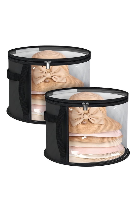 2Pcs Large Hat Storage Boxes, Foldable Round Cowboy Hat Organizer, Wide Brims Hat Carrier Case
