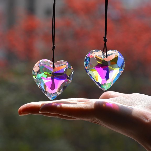 XIBUFE 2Pcs Simple Geometry Crystal Sun Catcher Prisms,Hanging Suncatchers with Glass Prism,Rainbow Maker for Windows,Balcony,Kitchen,Garden Decoration(1,Heart Abcolor 2Pcs)