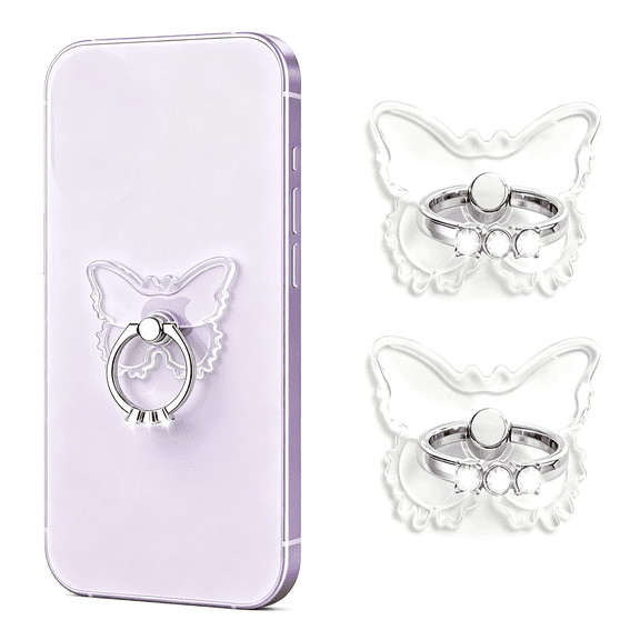 XIBUFE 2Pcstransparent Phone Ring Holder,Clear Butterfly Phone Ring Grip|Clear Butterfly Phone Ring Holder with Sparkling Rhinestone,360Rotation Finger Grip Compatible with Most Smartphones