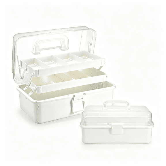 XIBUFE 3-Layer Plastic Dividing Storage Box Craft Organizer with Adjustable Spacers Portable Handled Art Supply Organizer Multipurpose Home Utility Box for Medicine Box Sewing Box (Beige White)