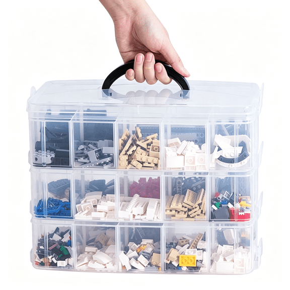 XIBUFE 3-Layer Things&Crafts Storage Box with 30 Adjustable Compartments for Organizing Washi Tape,Embroidery Accessories,Threads Bobbins,Kids Toy,Nail Polish,Jewelry-Large