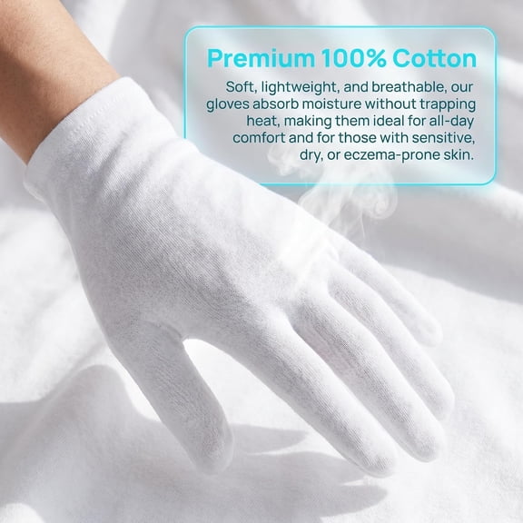XIBUFE 3 Pairs 100% White Cotton Gloves for Dry Hands Sleeping | Overnight Moisturizing Gloves Eczema Prone Skin Reusable Spa Gloves for Hand Care Jewelry Inspection Coin Handling Work