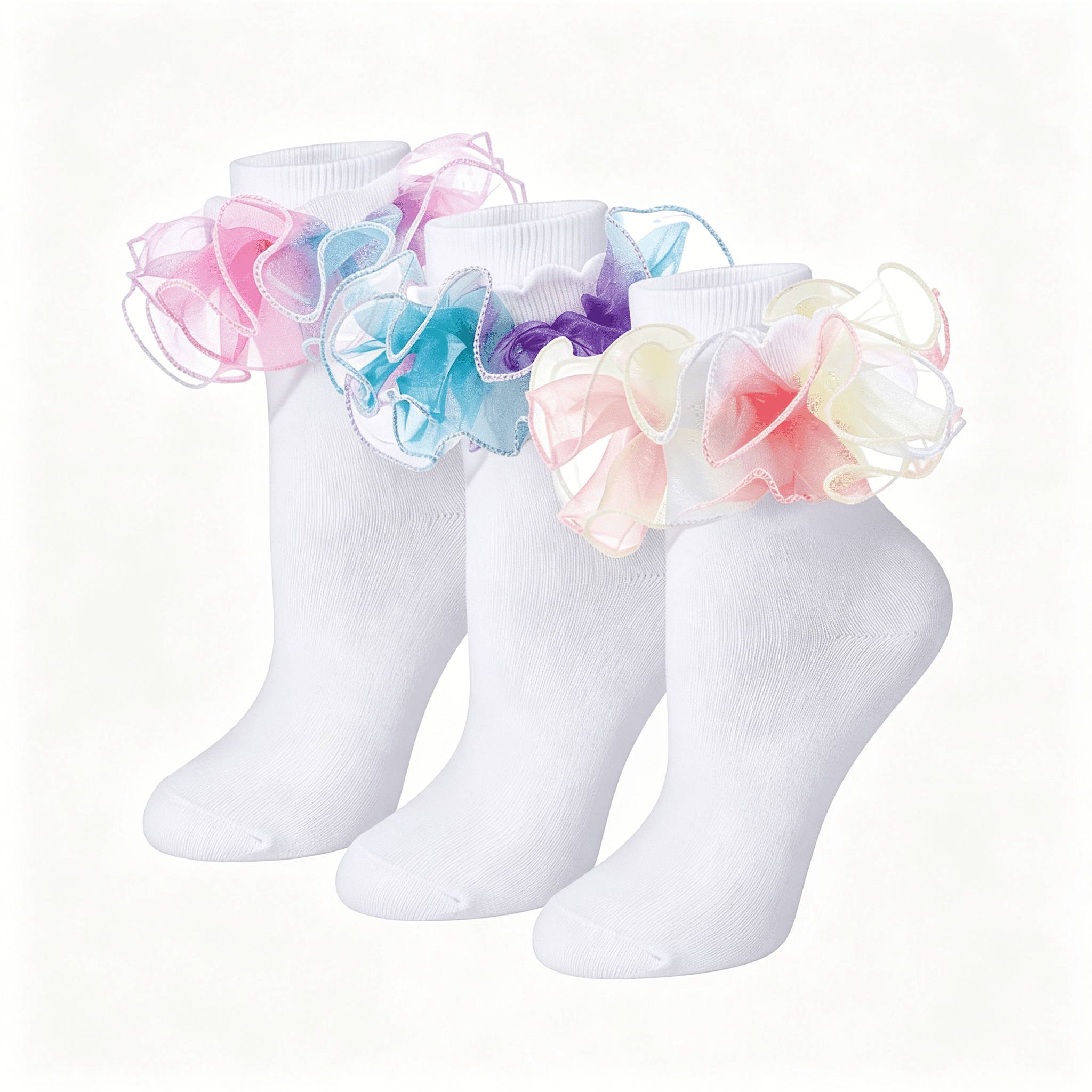 XIBUFE 3 Pairs Women Big Ruffle Socks Turn Cuff,Double Lace Ankle ...