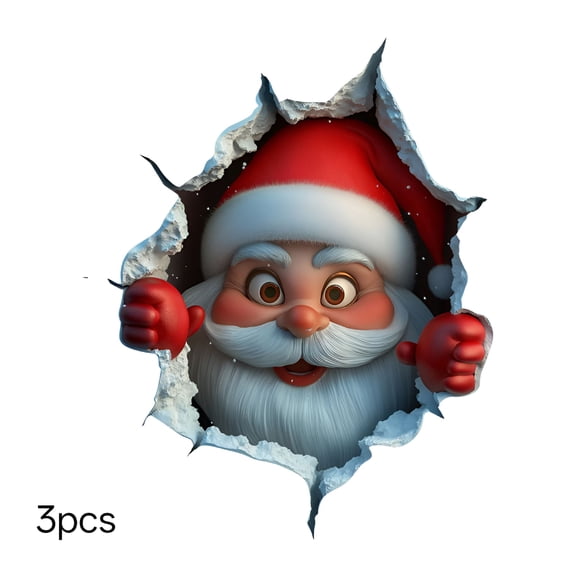 XIBUFE 3 Pcs 3D Santa Claus Christmas Wall Stickers,Snowman Reindeer Candy Wall Decals,Removable Winter Holiday Xmas Break Through Wall Art (12In)