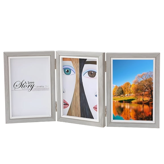 XIBUFE 3 Picture Frame 4x6, Tri-Fold Hinged Wooden Collage Frame with Three Openings, Wood Frames Tabletop Display, Gray