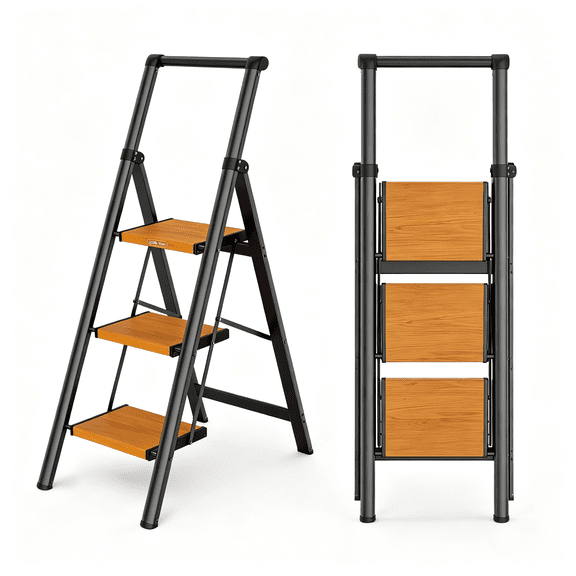 XIBUFE 3 Step Ladder, Ladders for Home, Anti-Slip Pedals, Aluminum Step Stool Foldable, Lightweight to Move, Ease of Storage, Reach 8Ft for Closet Kitchen Library, Hold 300Lbs-Black&Wood Grain