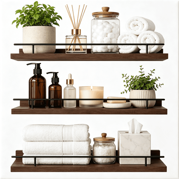 XIBUFE 3-Tier Rustic Wood Floating Wall Shelves with Metal Guardrail Rustic Wood Wall Shelves