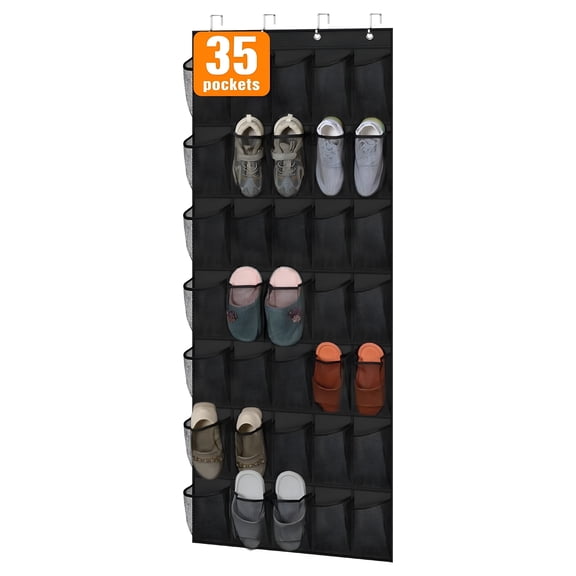 XIBUFE 35 Pockets Over the Door Shoe Organizer,Hanging Shoe Organizer Large Mesh Pocket,Sturdy Space Saving Shoe Rack Organizer for Closet Door Storage Holder for Shoes,Sneakers,Black