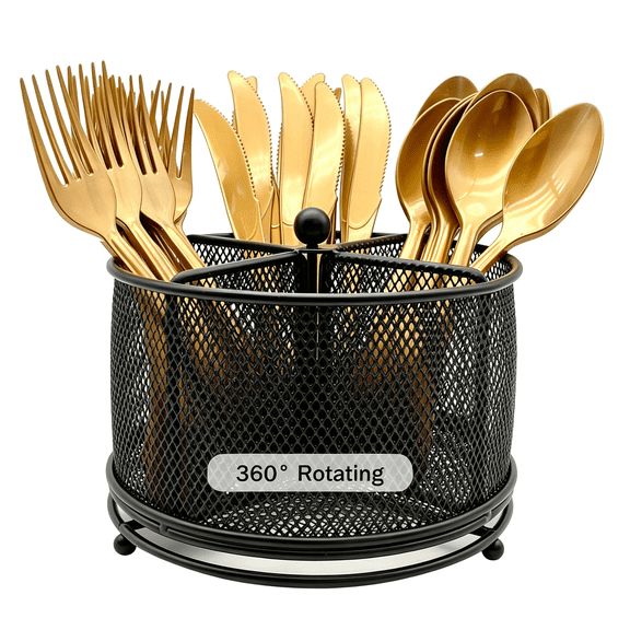 XIBUFE 360 Rotating Metal Utensil Caddy - 4 Compartment Silverware Cutlery Holder Rotation Fork Spoon Napkin Organizer Flatware Storage Basket Party Countertop Buffet Picnic Camping Outdoor Black