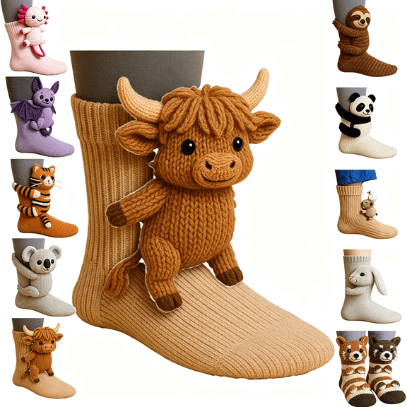 XIBUFE 3D Knit Animal Socks, Fuzzy Cute Novelty Animal Sock Hand Crocheted, Novelty Floor Sock for Christmas Fuzzy Cute Cow Socks