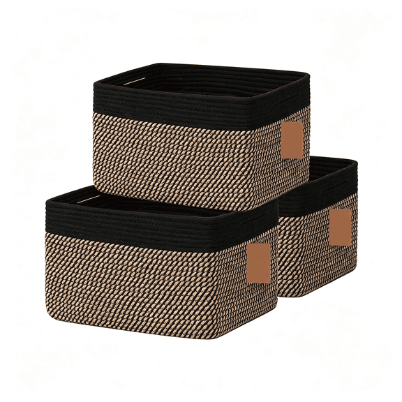 XIBUFE 3Pack Cotton Rope Square Basket with Handles for Shelves|Dog Toy Bin and Storage|Baby Gift|Shoe Organizer|New 13.5" X 11" X 9.5" for Living Room (Black/Jute)