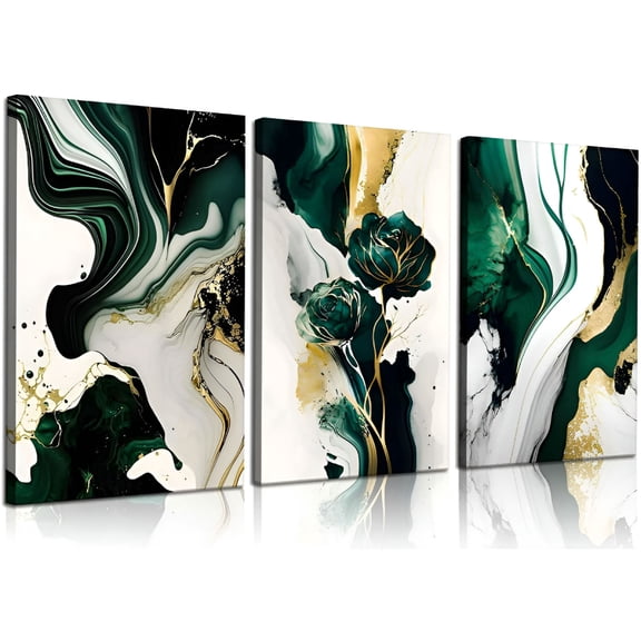 XIBUFE 3Pcs Framed Emerald Green Wall Art,Modern Green and Gold Abstract Marble Canvas Wall Art Paintings Prints Posters Wall Decor Pictures for Living Room Bedroom Office Home Decoration,Ready Hang