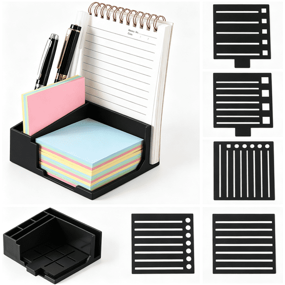 XIBUFE 3X3 Sticky Note Stencil and Holder, Post It Note Holder Organizer with 5 Different Stencil & 100 Sheets, Suitable for To-Do Lists, Home, Office(Black)