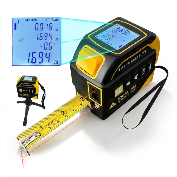 XIBUFE 4 in 1 Laser Tape Measure, Digital Measuring Tape with 328Ft Laser Measuring Tool &Amp; 16Ft Autolock Tape, Cross-Line Laser Level, Rechargeable for Diy Home Construction