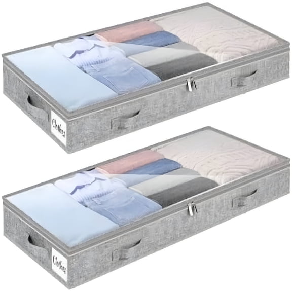 XIBUFE 4 Inch Low Profile Under Bed Storage Drawer 2 Pack,Lightweight Underbed Clothes Storage Container Bins with NO STURCTURE,Shallow Storage Bag for Dorm Home,With Clear Lids