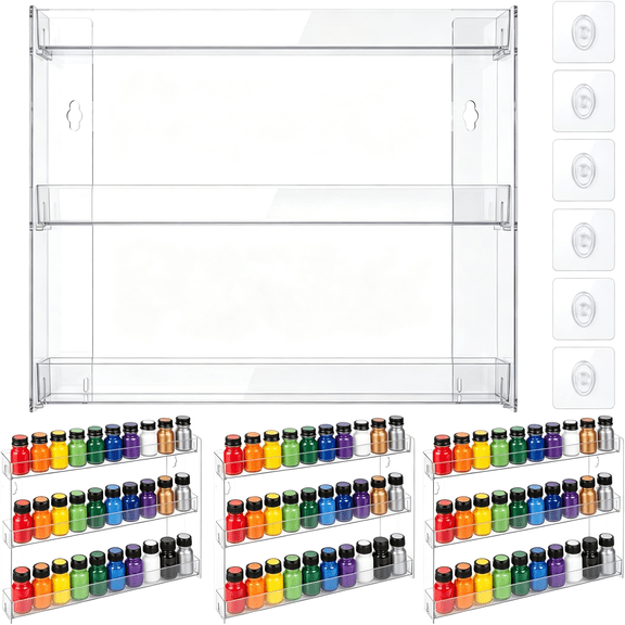 XIBUFE 4 Pack 3 Tier Acrylic Paint Organizer Display Rack,Clear Storage Rack for 2Oz Bottle,Wall-Mount(No Drill)Or Tabletop for Acrylic Paint,Nail Polish&Craft Supplies,Badges,Mini Figures
