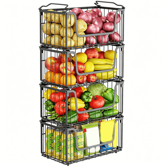 XIBUFE 4 Pack Foldable Wire Basket for Pantry Organizers and Storage, Stackable Vegetable Fruit Basket for Kitchen Counter, Black Potato and Onion Storage Bin