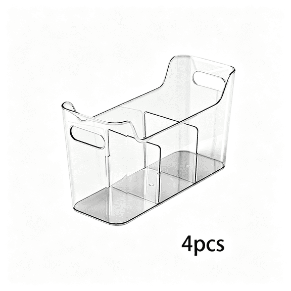 XIBUFE 4 Pack Tall Narrow Clear Bins, Slim Pantry Freezer Organizer Bins with Removable Divider, Stackable Plastic Storage Containers with Handle for Kitchen Cabinet Closet Bathroom