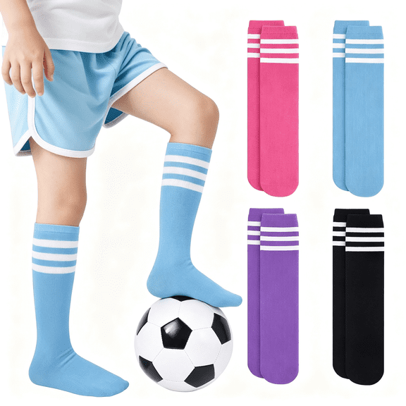 XIBUFE 4 Pairs Kids Soccer Socks Toddler Boys Girls Athletic Youth Baseball Socks Knee High Seamless Toe Football Toe Protect Socks