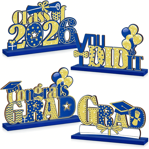 XIBUFE 4 Pcs 2026 Graduation Party Decorations Wooden Class of 2026 Table Centerpieces Grad Congratulate Table Toppers for High School College Graduation Party Favor